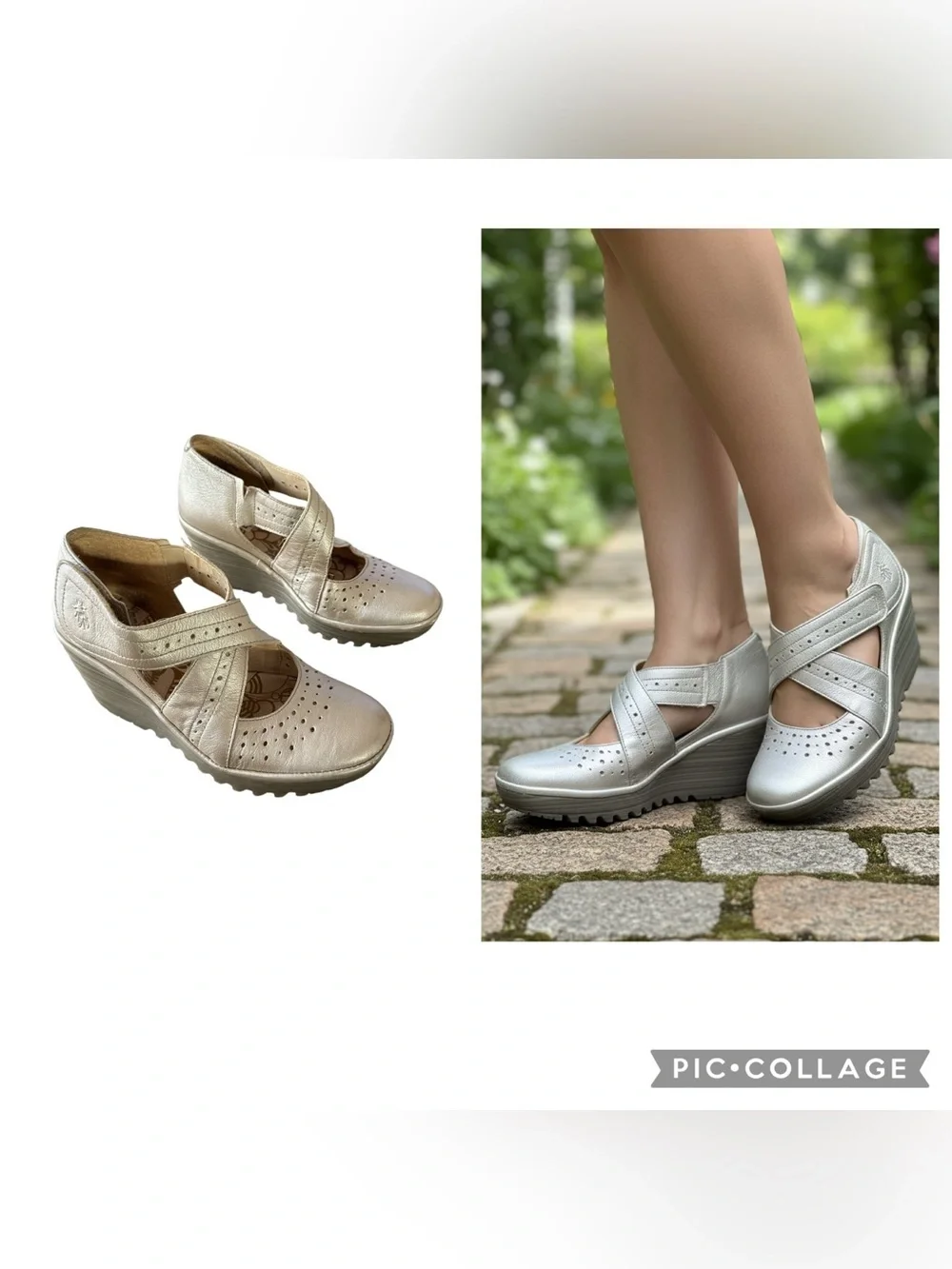 FLY London Yepe Metallic Champagne Wedge Crisscross Mary Jane Shoes Size EU 38